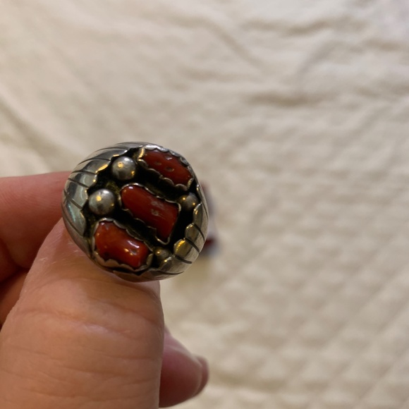 Red Coral & Silver Navajo Style Men's Size 12 Ring - Picture 6 of 6
